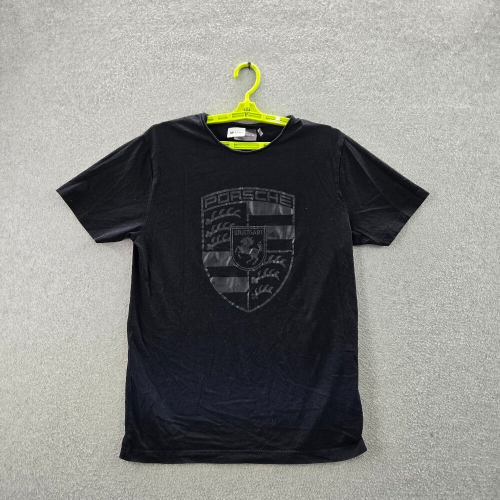 Porsche Stuttgart Men Shirt M Black Crest Logo‎ Short Sleeve